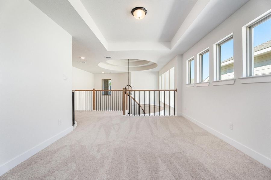 This photo showcases a bright, open hallway with a carpeted floor and multiple windows allowing natural light. The space features a modern design with a railing overlooking a staircase, creating an inviting and airy atmosphere.