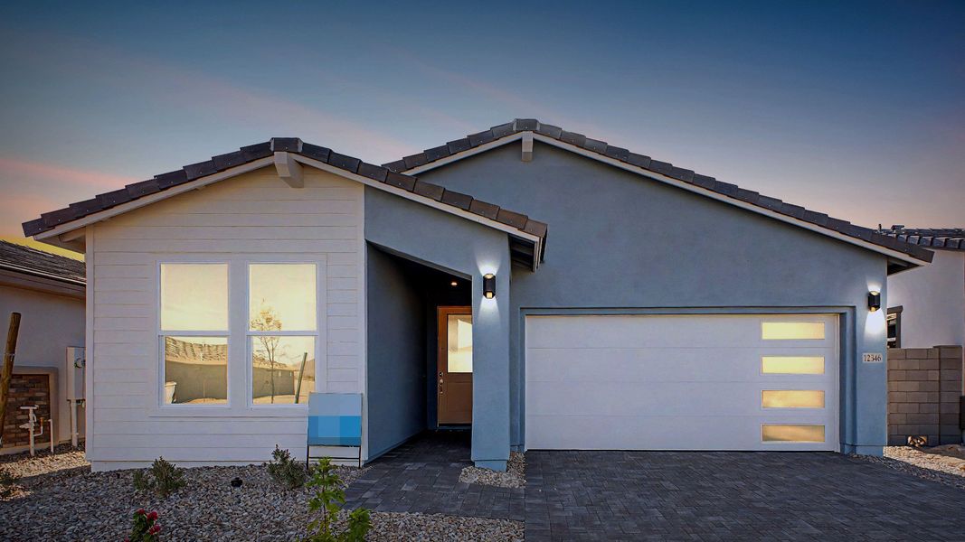 Front exterior of a new home in Teravalis, Buckeye, AZ, highlighting curb appeal (Image 23). Front exterior of a new home in Teravalis, Buckeye, AZ, highlighting curb appeal (Image 23).