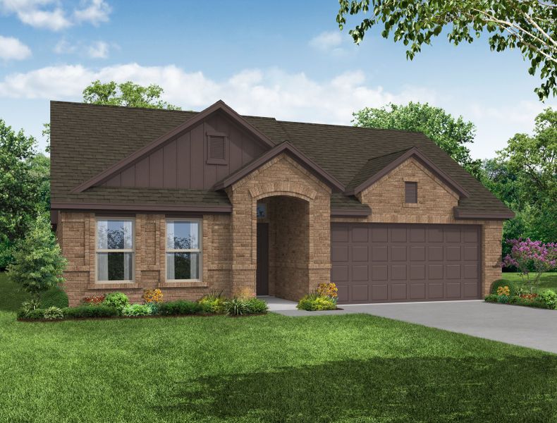 Representative exterior photo of a completed home built from the Austin by Impression Homes in De Berry Reserve, Royse City, TX (Image 6). Representative exterior photo of a completed home built from the Austin by Impression Homes in De Berry Reserve, Royse City, TX (Image 6).