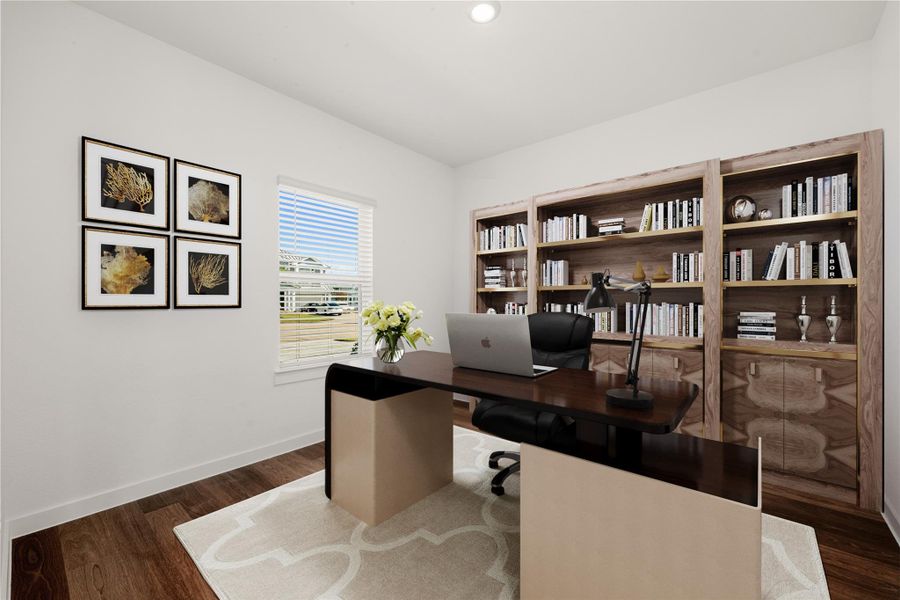 Step into this private study featuring a large window that floods the room with natural light, wood flooring, and recessed lighting. This dedicated office space offers the perfect environment for productivity or quiet contemplation. *Virtually Staged