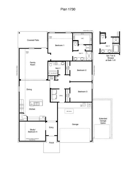 2D floor plan layout of this home in Turnbo Ranch Traditions, Killeen, TX (Image 1).