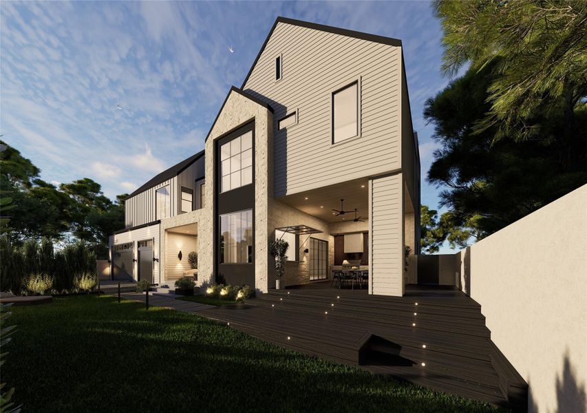 A striking composition of stone, siding, and steel-framed glass, this backyard façade captures modern craftsmanship at its finest. From open-air dining beneath ceiling fans to evenings gathered on the sculpted deck, every detail supports elevated everyday living. A striking composition of stone, siding, and steel-framed glass, this backyard façade captures modern craftsmanship at its finest. From open-air dining beneath ceiling fans to evenings gathered on the sculpted deck, every detail supports elevated everyday living.