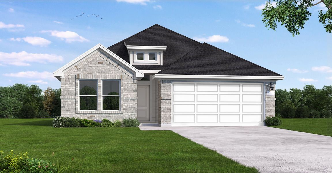 Front exterior of a new home in The Highlands, Porter, TX, highlighting curb appeal (Image 1). Front exterior of a new home in The Highlands, Porter, TX, highlighting curb appeal (Image 1).