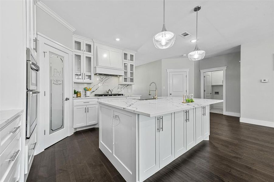 Kitchen with white cabinetry, light stone counters, dark hardwood / wood-style floors, and a kitchen island with sink