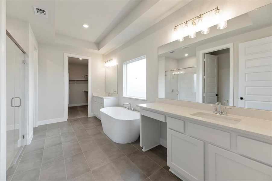 Bathroom with a walk in closet, a soaking tub, a stall shower, two vanities, and a tray ceiling