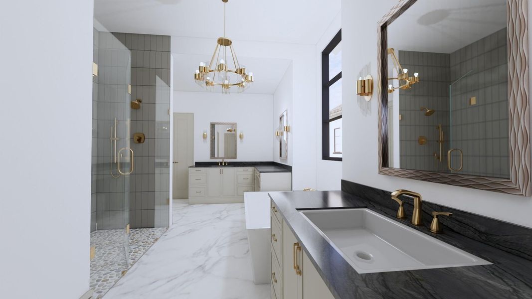 Have a spa day everyday in your lavishly appointed primary bath! Features include: double sinks, sit down vanity, vessel tub and large walk-in shower with stone floors.