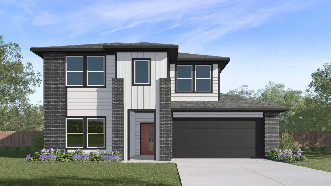 Front exterior of a new home in Trails at Wildhorse, Austin, TX, highlighting curb appeal (Image 1). Front exterior of a new home in Trails at Wildhorse, Austin, TX, highlighting curb appeal (Image 1).