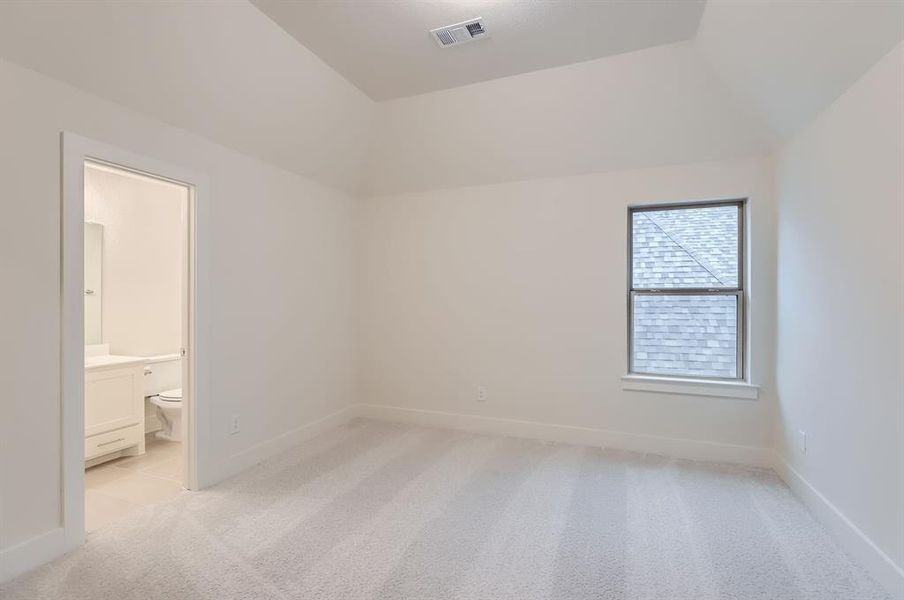 Carpeted spare room featuring vaulted ceiling