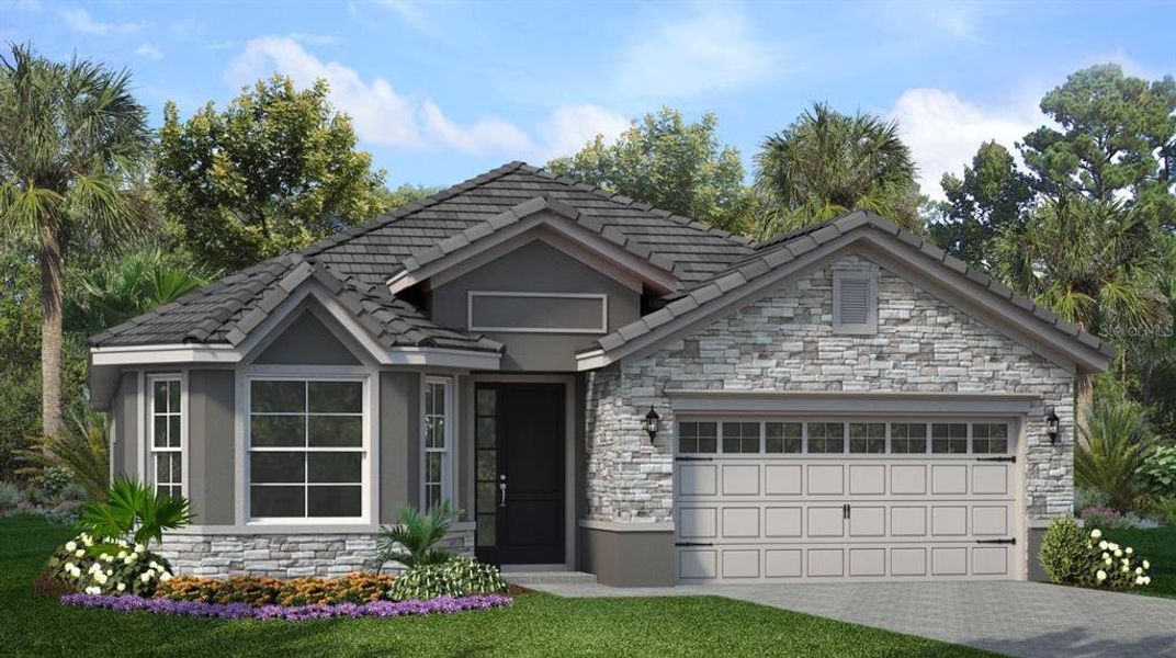 Front exterior of a new home in Tamarack at Two Rivers, Zephyrhills, FL, highlighting curb appeal (Image 1).