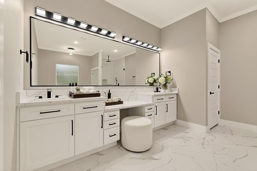 Primary Bath with crown molding, double vanity, virtually staged Primary Bath with crown molding, double vanity, virtually staged