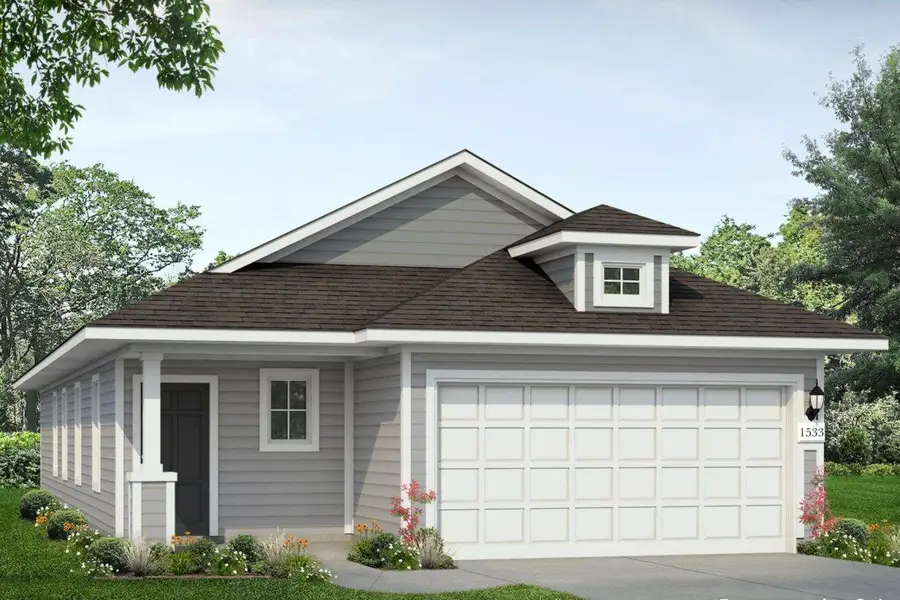 Front exterior of a new home in Edgebrooke, Pflugerville, TX, highlighting curb appeal (Image 1). Front exterior of a new home in Edgebrooke, Pflugerville, TX, highlighting curb appeal (Image 1).