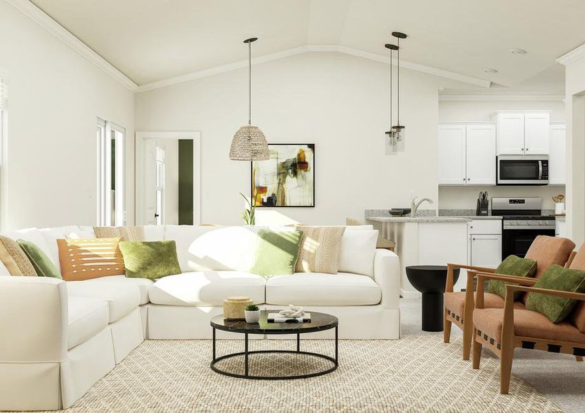 Rendering of the living area featuring a
  white sectional couch, two decorative chairs, and a coffee table atop a rug
  with a view of the kitchen in the background.