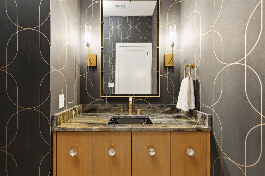 Powder bath locatd downstairs with custom wallpaper. Powder bath locatd downstairs with custom wallpaper.