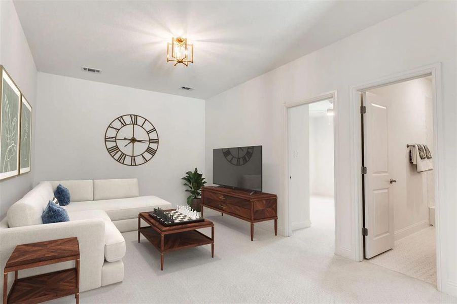 Living room featuring light colored carpet