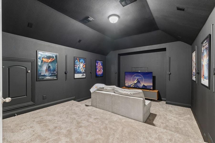 Carpeted home theater room with vaulted ceiling Carpeted home theater room with vaulted ceiling
