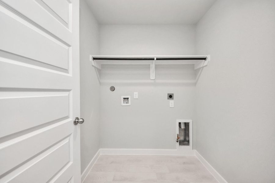 A perfect blend of functionality and comfort. Capture the essence of easy living with a first-floor laundry room, thoughtfully equipped with shelving for effortless organization. Both electric and gas connections available.