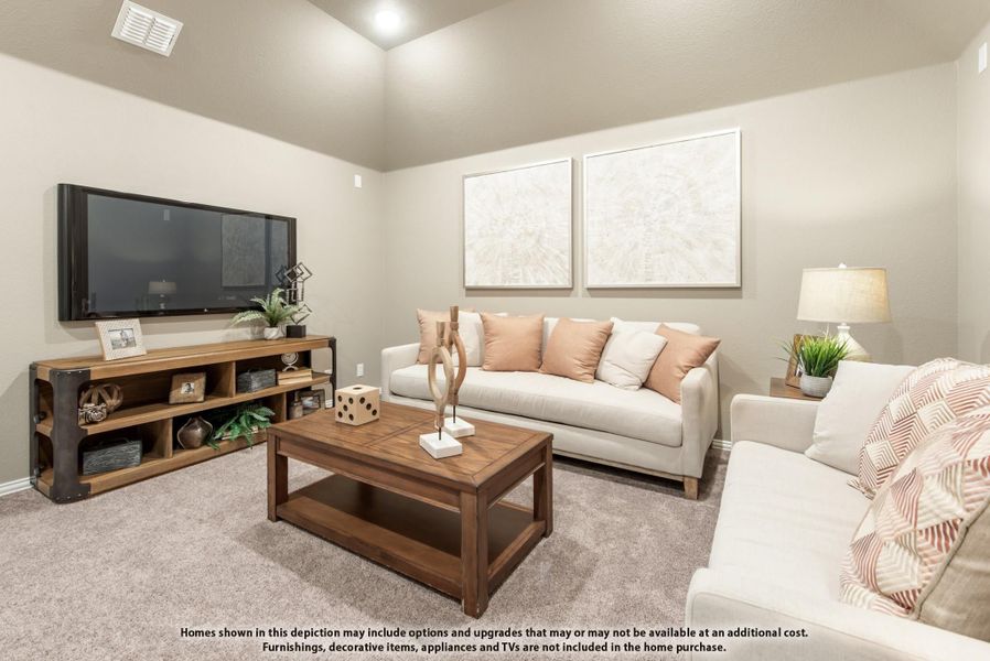 Living room with wall-mounted TV, white sofa, wood coffee table, and neutral carpet
