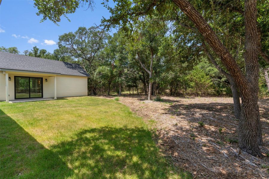 A verdant backyard with a vibrant green lawn flows into a natural, wooded area offering serene privacy.