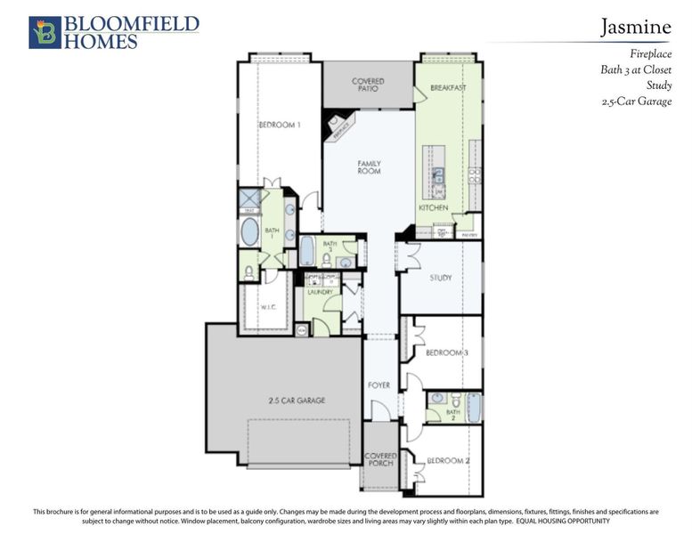 Bloomfield Homes Jasmine floor plan with 3 bedrooms, study, family room, kitchen, and 2.5-car garage. Bloomfield Homes Jasmine floor plan with 3 bedrooms, study, family room, kitchen, and 2.5-car garage.