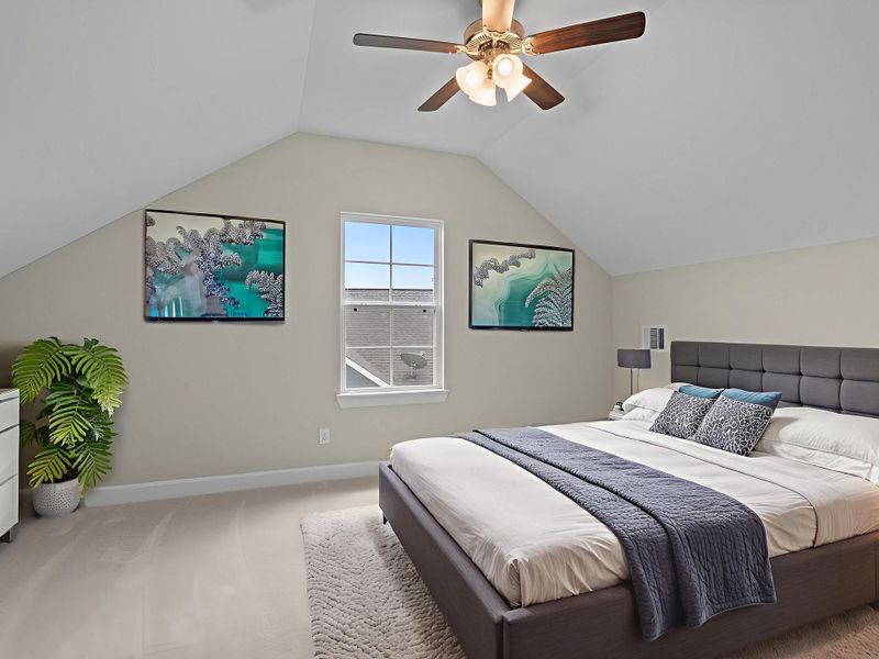 This bright third bedroom in the Portico offers versatile space ready to become a guest room, office, or personal retreat. Image depicts home as-is virtually staged.