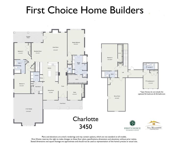 2D floor plan layout for the Charlotte II by First Choice Home Builders in Highland Lakes, Evans, GA (Image 3).