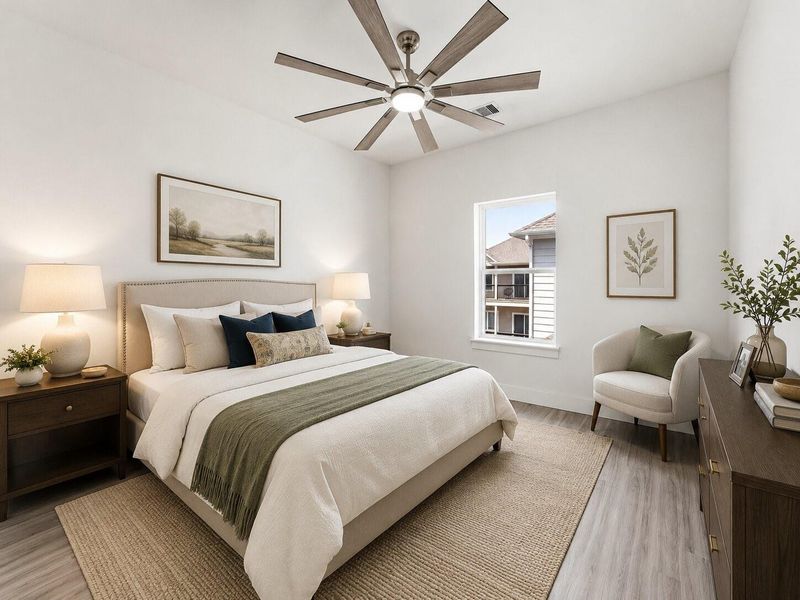 Virtually staged secondary bedroom showcasing a comfortable and versatile layout.