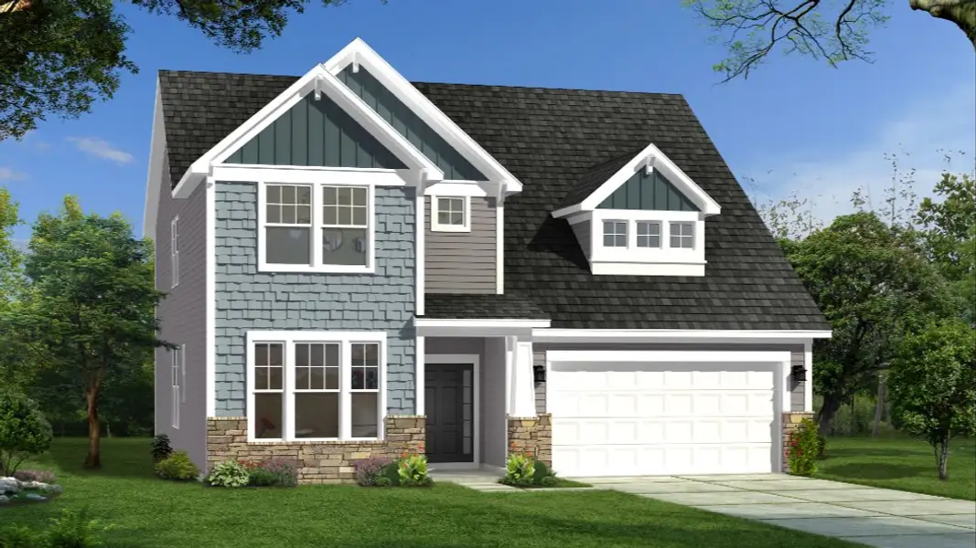 Front exterior of a new home in The Farm at Neill's Creek, Lillington, NC, highlighting curb appeal (Image 1). Front exterior of a new home in The Farm at Neill's Creek, Lillington, NC, highlighting curb appeal (Image 1).