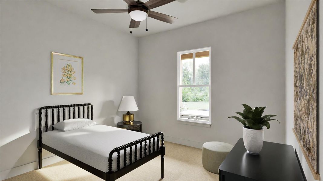 Both secondary bedrooms feature lush carpet flooring and ceiling fan fixtures.
