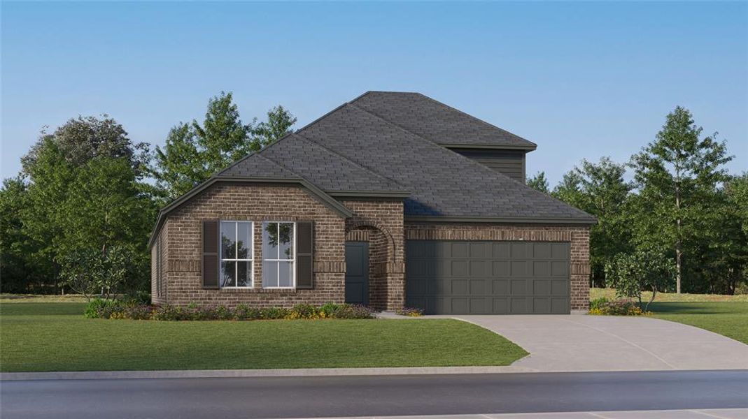 View of front of house with brick siding, a shingled roof, concrete driveway, an attached garage, and a front yard