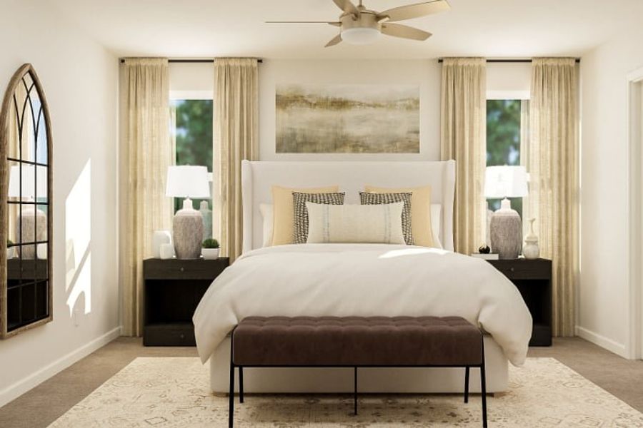 A bedroom with a bed and lamps.