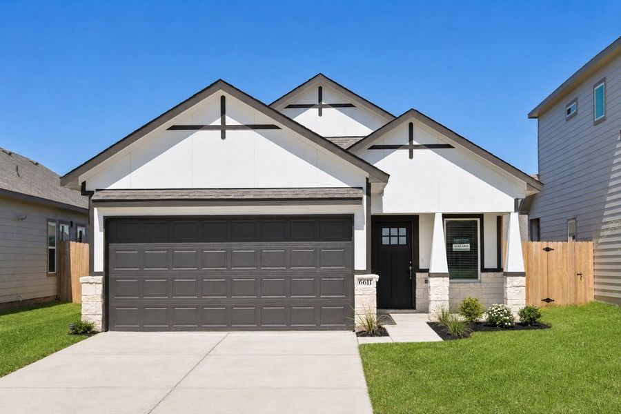 Front exterior of a new home in Glendale Lakes, Rosharon, TX, highlighting curb appeal (Image 1). Front exterior of a new home in Glendale Lakes, Rosharon, TX, highlighting curb appeal (Image 1).