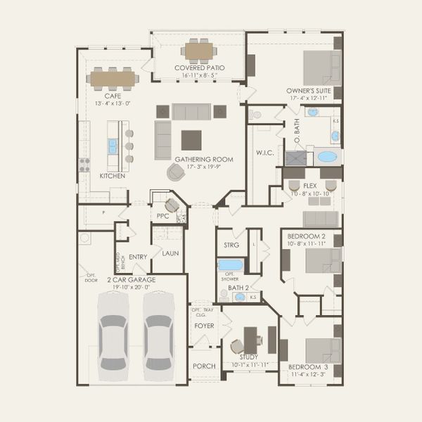 2D floor plan layout for the Dunlay by Pulte Homes in Saddleback at Santa Rita Ranch, Liberty Hill, TX (Image 3).