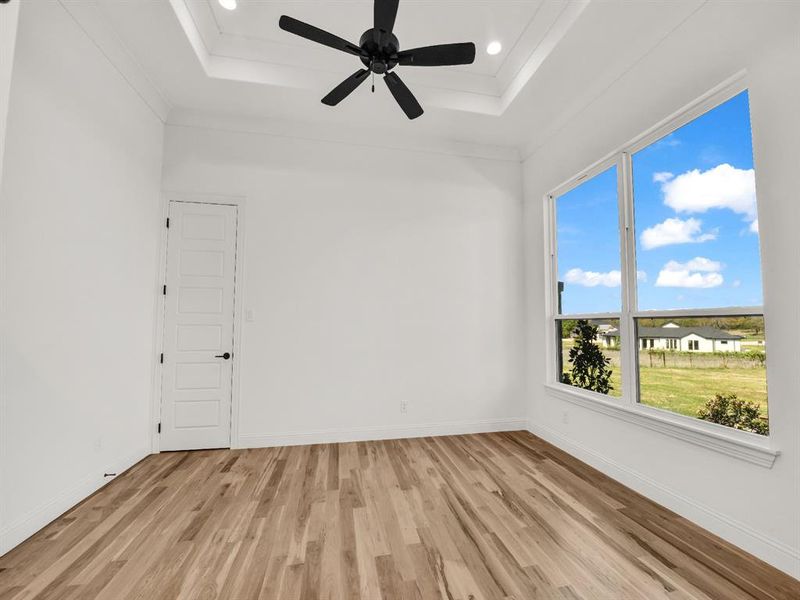 Empty room with crown molding, light wood-type flooring, a raised ceiling, and baseboards Empty room with crown molding, light wood-type flooring, a raised ceiling, and baseboards