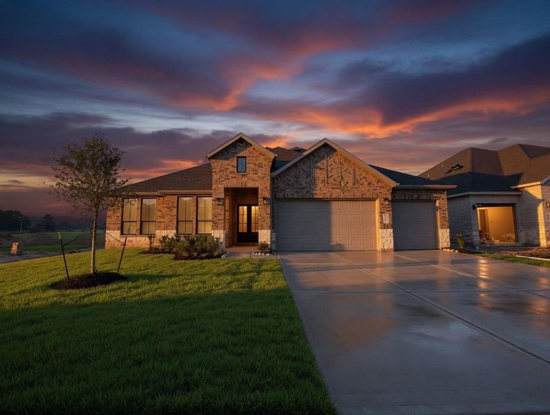 Front exterior of a new home in Friendswood Trails, Friendswood, TX, highlighting curb appeal (Image 2). Front exterior of a new home in Friendswood Trails, Friendswood, TX, highlighting curb appeal (Image 2).