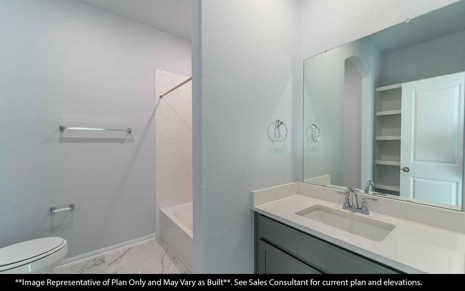 A fresh and thoughtfully designed bathroom featuring a convenient tub and shower combo. Bright lighting and a streamlined layout make it perfect for comfort and everyday use. **Image Representative of Plan Only and May Vary as Built**.