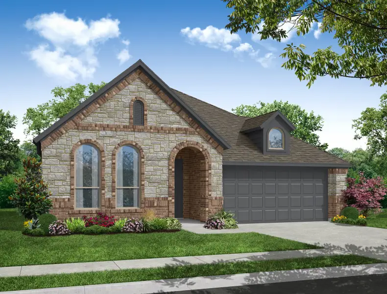Representative exterior photo of a completed home built from the Cambridge by Impression Homes in Timberbrook, Justin, TX (Image 6). Representative exterior photo of a completed home built from the Cambridge by Impression Homes in Timberbrook, Justin, TX (Image 6).