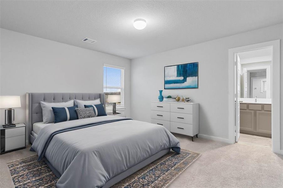 Secondary bedroom features plush carpet, custom paint, high ceilings, large window with privacy blinds and access to its own secondary bath.