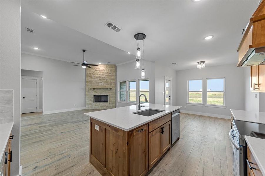 View from the kitchen to the dining and living area