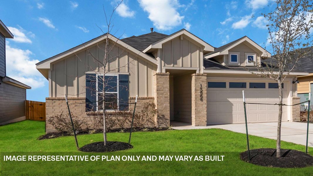 Front exterior of a new home in Revelry, Del Valle, TX, highlighting curb appeal (Image 4).