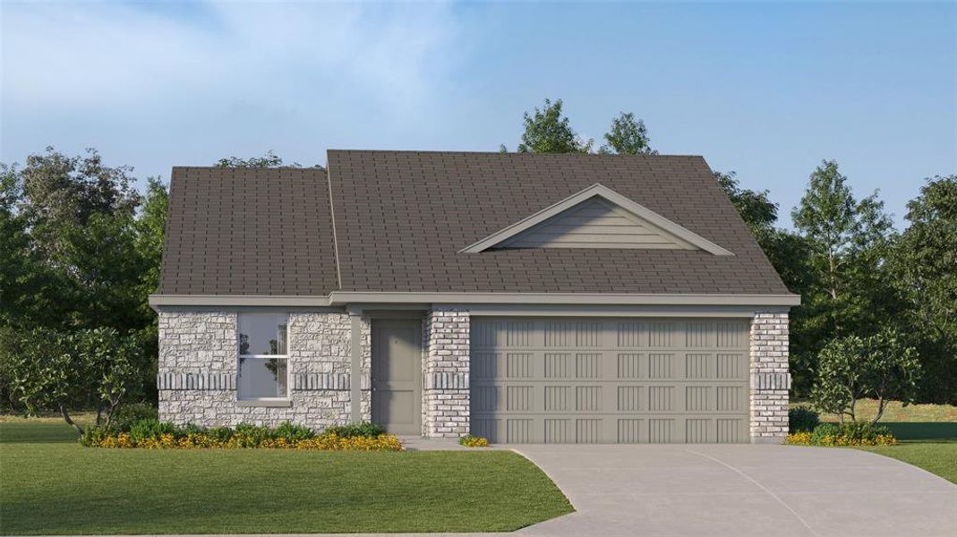 View of front facade featuring a garage and a front lawn