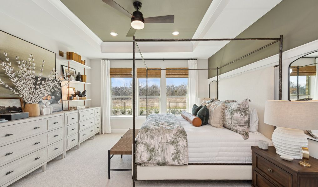 Primary suite with tray ceiling and feature wall