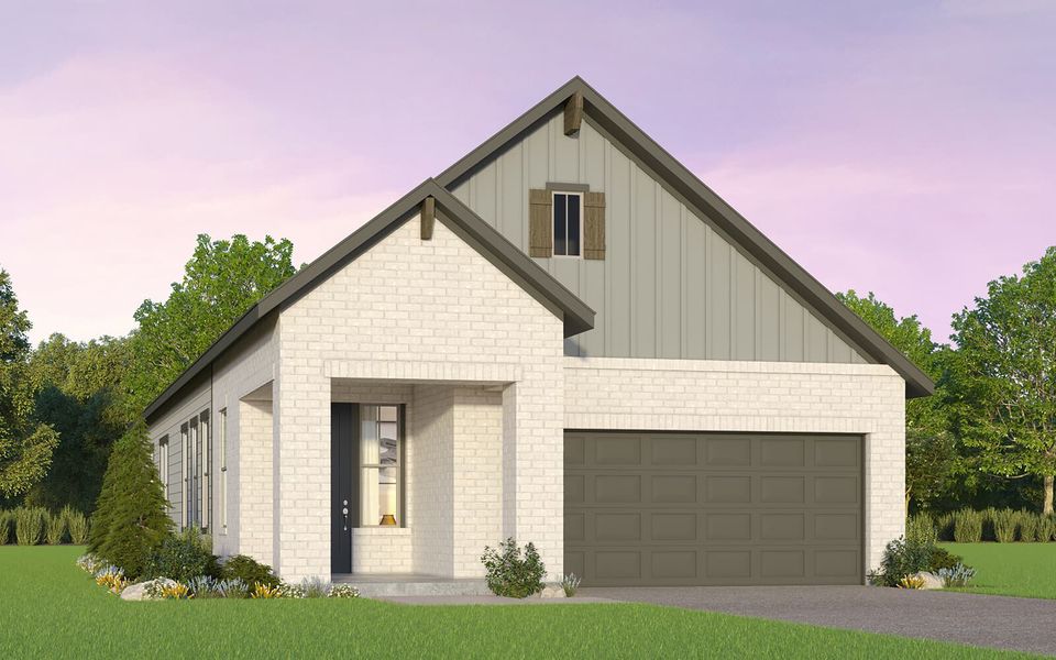 Representative exterior photo of a completed home built from the Evergreen by Brookfield Residential in Traditional at Kissing Tree, San Marcos, TX (Image 2).