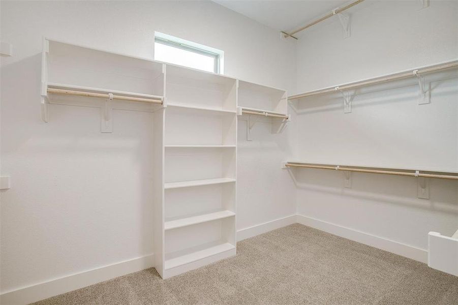 Spacious closet featuring light colored carpet