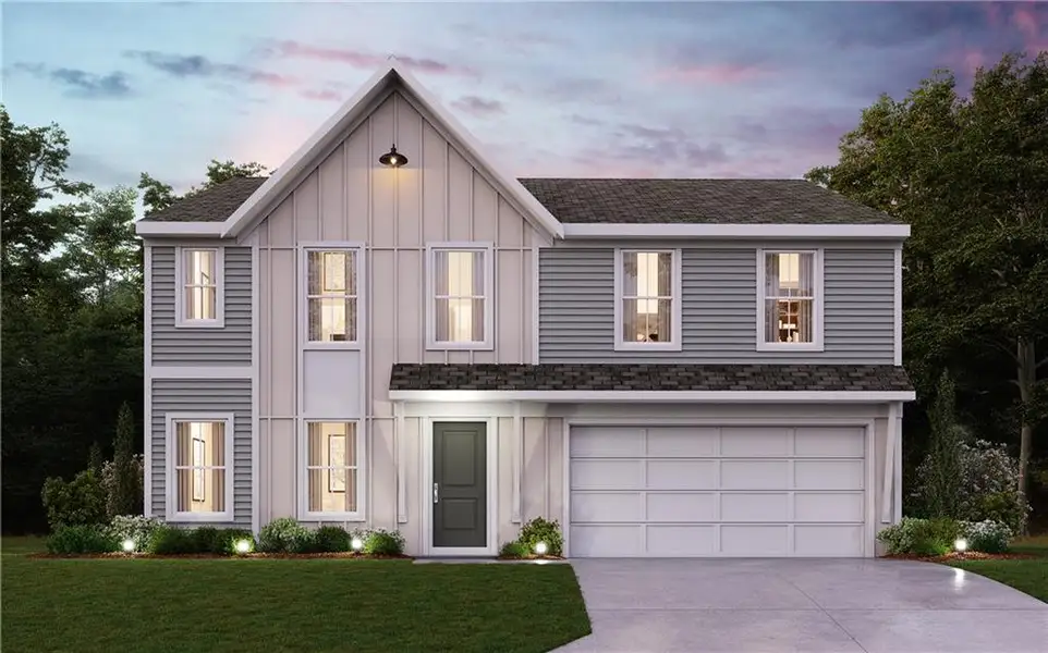 Front exterior of a new home in Sage Woods, Dallas, GA, highlighting curb appeal (Image 1). Front exterior of a new home in Sage Woods, Dallas, GA, highlighting curb appeal (Image 1).