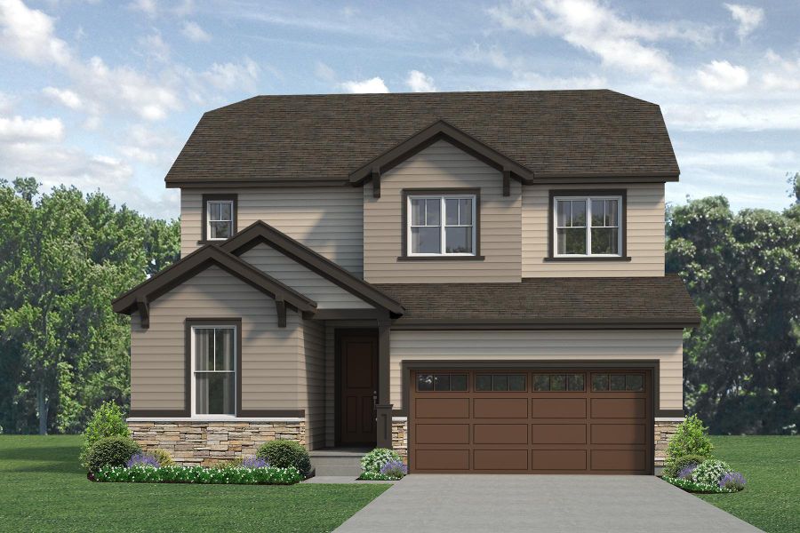 Representative exterior photo of a completed home built from the Jackson by Risewell Homes in Highlands Preserve, Mead, CO (Image 5). Representative exterior photo of a completed home built from the Jackson by Risewell Homes in Highlands Preserve, Mead, CO (Image 5).