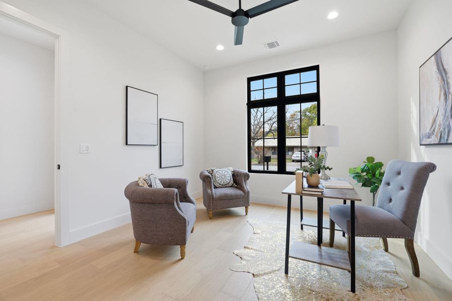 Office featuring light wood-style flooring, recessed lighting, and a ceiling fan