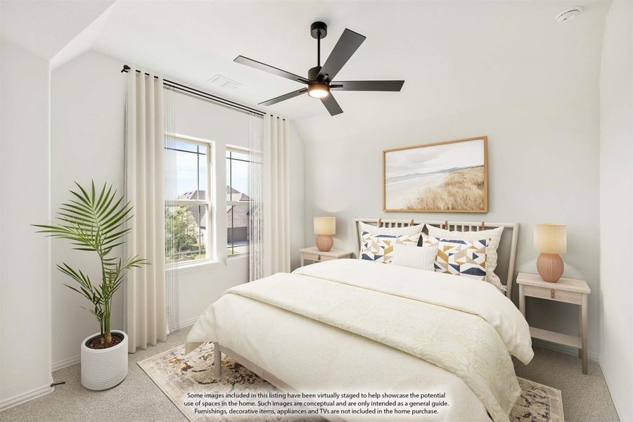 Bedroom with vaulted ceiling, ceiling fan, carpet flooring, and two windows with sheer curtains