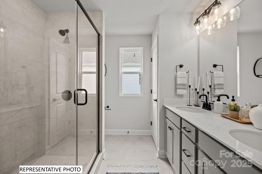 Primary Bath with walk in shower, dual sinks and linen closet