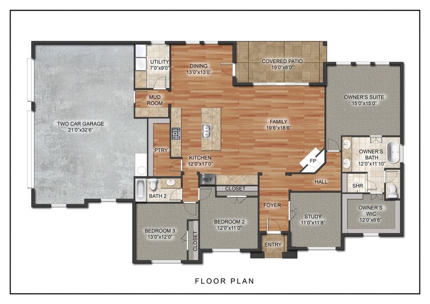 2D floor plan layout for the The Odessa by Kenmark Homes in Rocky Top Ranch, Reno, TX (Image 3). 2D floor plan layout for the The Odessa by Kenmark Homes in Rocky Top Ranch, Reno, TX (Image 3).