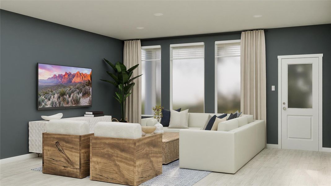 Living room with baseboards and light wood-type flooring Living room with baseboards and light wood-type flooring